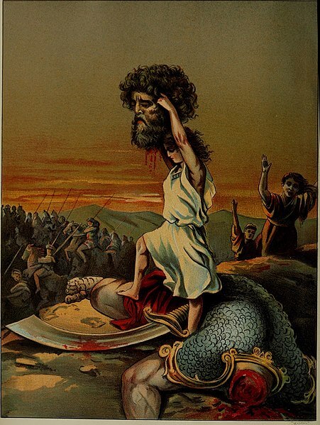 Davi contra Golias David levanta a cabeça de Golias conforme ilustrado por Josephine Pollard (1899)