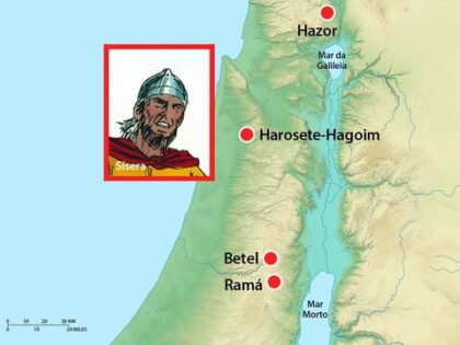 Cidade de Hazor, mapa do norte de Israel, e ilustração do general Sísera.