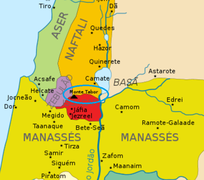 Mapa das tribos ao norte de Israel, em azul o Monte Tabor