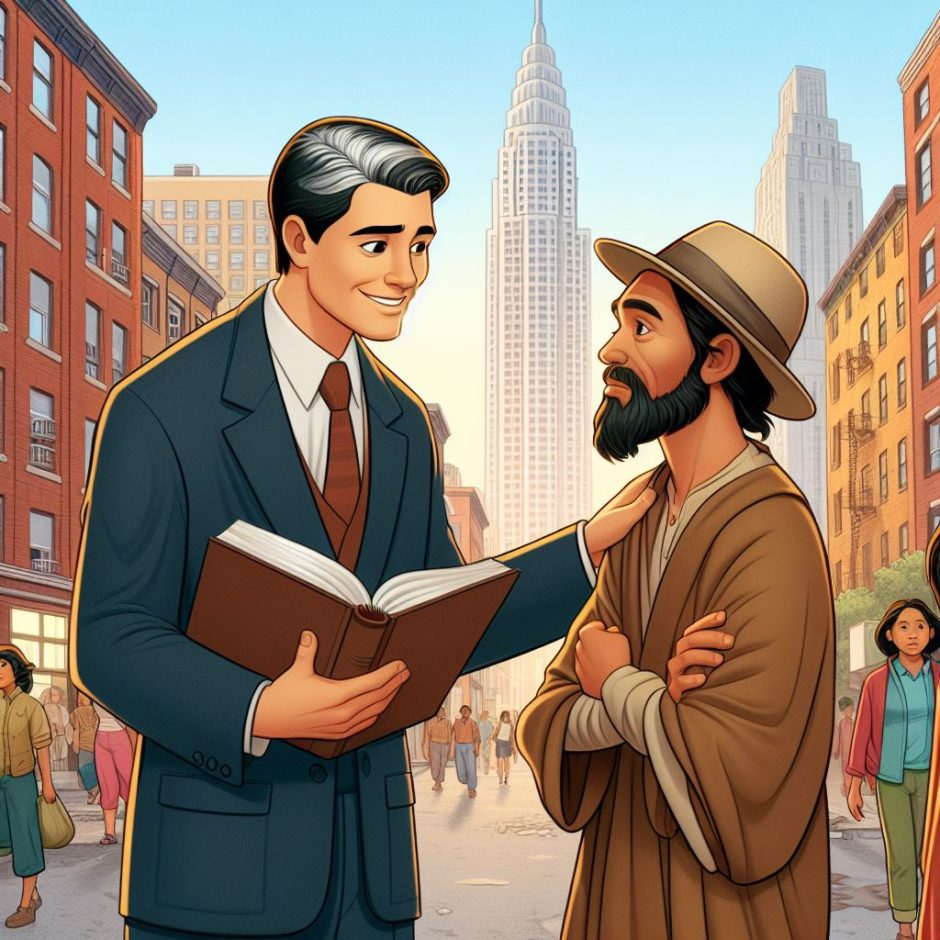 Ilustracao de missao crista. Homem ensinando a Biblia para outro Ilustração de missão cristã. Homem ensinando a Bíblia para outro