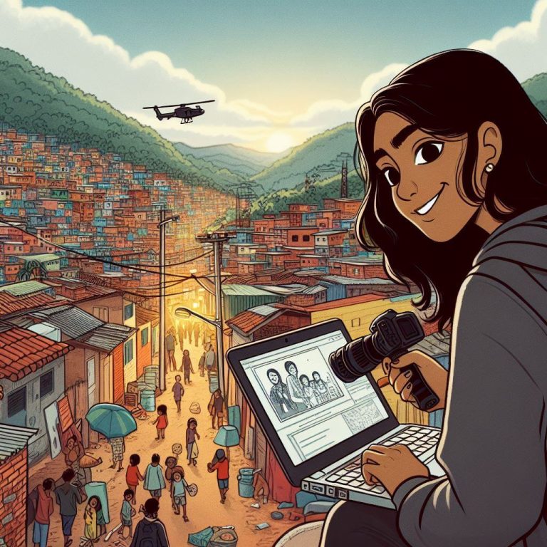 Ilustração de uma moça realizando missão intracultural em uma favela brasileira