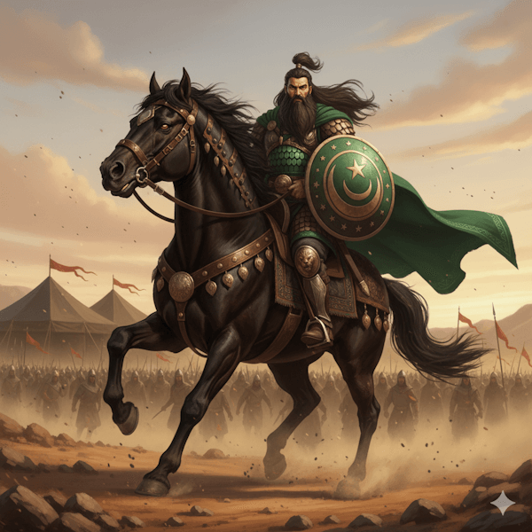 Ilustração do rei Zalmuna a frente de seu exército, montado a cavalo