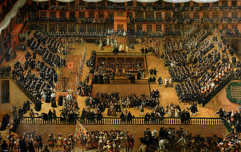 Pintura de 1683 de Rizi do auto-da-fé de 1680, Plaza Mayor em Madri. Perseguição a apostasia cristã