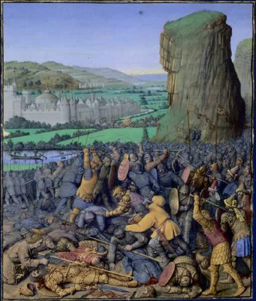 A Batalha de Gilboa, de Jean Fouquet , os protagonistas retratados anacronicamente com armaduras do século XV