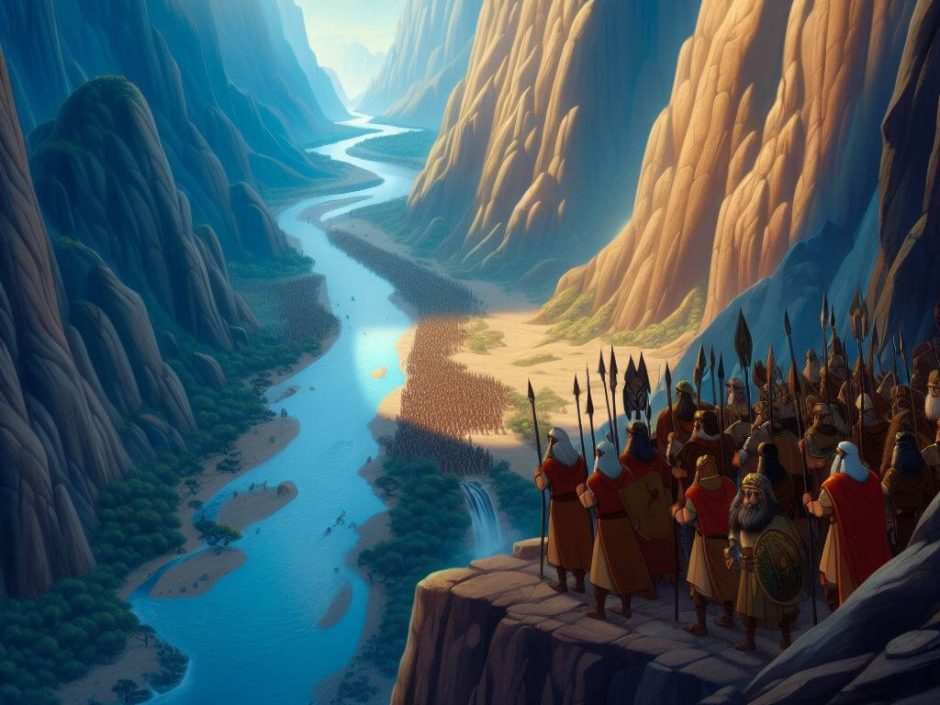 Ilustração do Desfiladeiro de Heres com um exército passando por ele