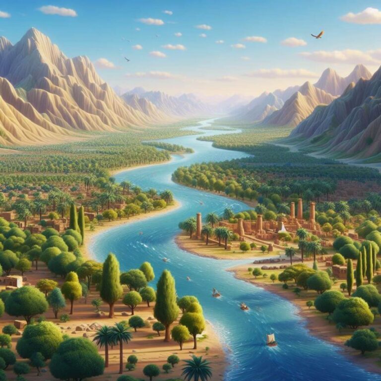 Ilustração do rio Jordão e uma cidade próxima