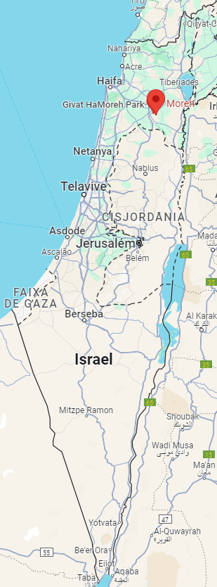 Mapa de Israel, com o monte Moré ao norte (marcado em vermelho)