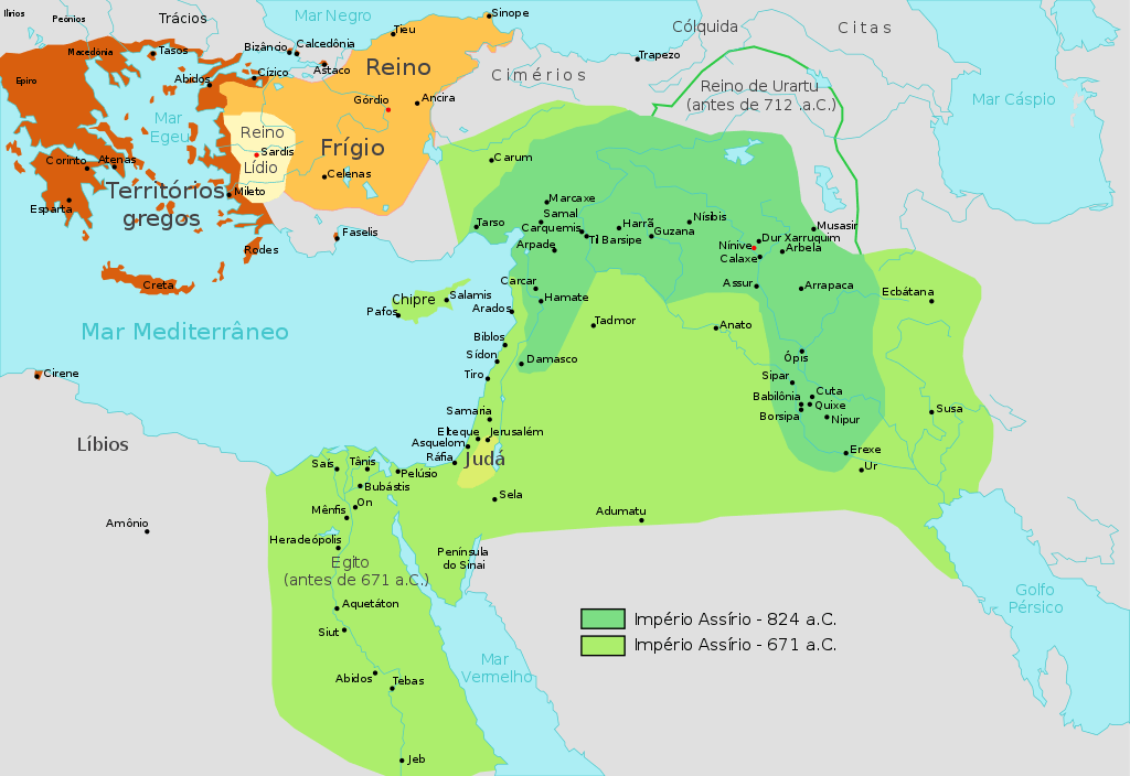 Império Neoassírio em 824 a.C. (verde escuro) e 671 a.C. (verde claro)
