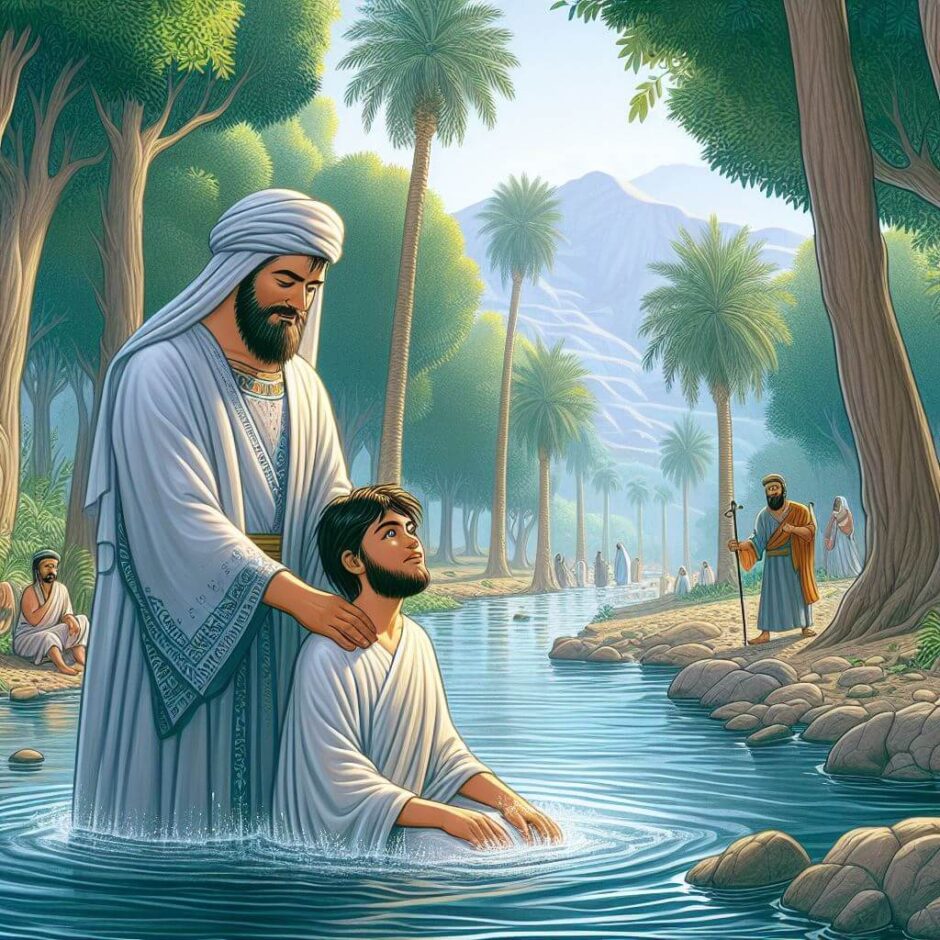Ilustração de João Batista batizando um jovem no Rio Jordão