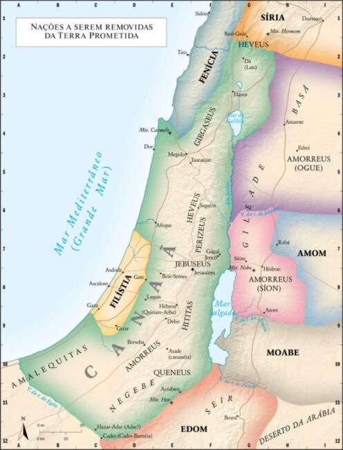 Mapa das nações cananitas antes antes da tomada da Terra Prometida (Dentre eles os amonitas, amorreus, moabitas, edomitas, filisteus, sírios e fenícios)