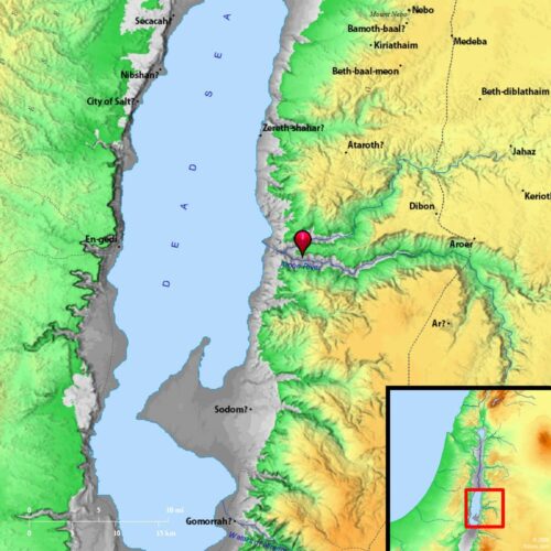 Mapa do rio Arnom, com a marcação do local do desague no mar Morto