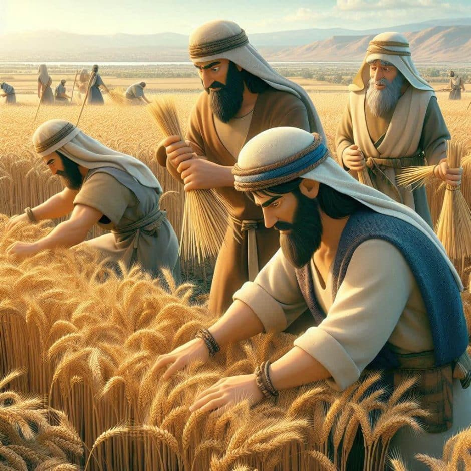 Illustration of antiquity slaves working in a wheat field