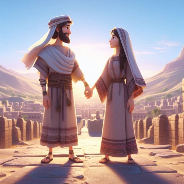 Casal israelita da antiguidade de mãos dadas. Casamento judaico