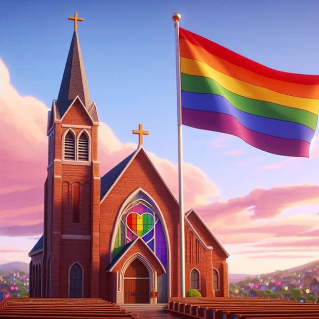 Ilustração de uma igreja afirmativa com a bandeira LGBTQIA+