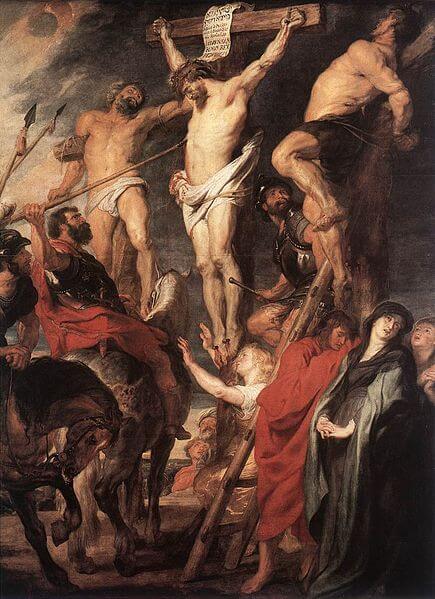 Jesus na cruz entre os dois ladrões.
1619-1620. Por Rubens, atualmente no Museu Real de Belas Artes de Antuérpia, na Bélgica.