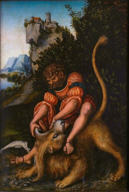 Sansão Lutando com o Leão (1525) por Lucas Cranach, o Velho