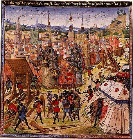 Captura de Jerusalém durante a Primeira Cruzada, 1099. Ilustração medieval (século XIV ou XV) provavelmente de Sébastien Mamerot.