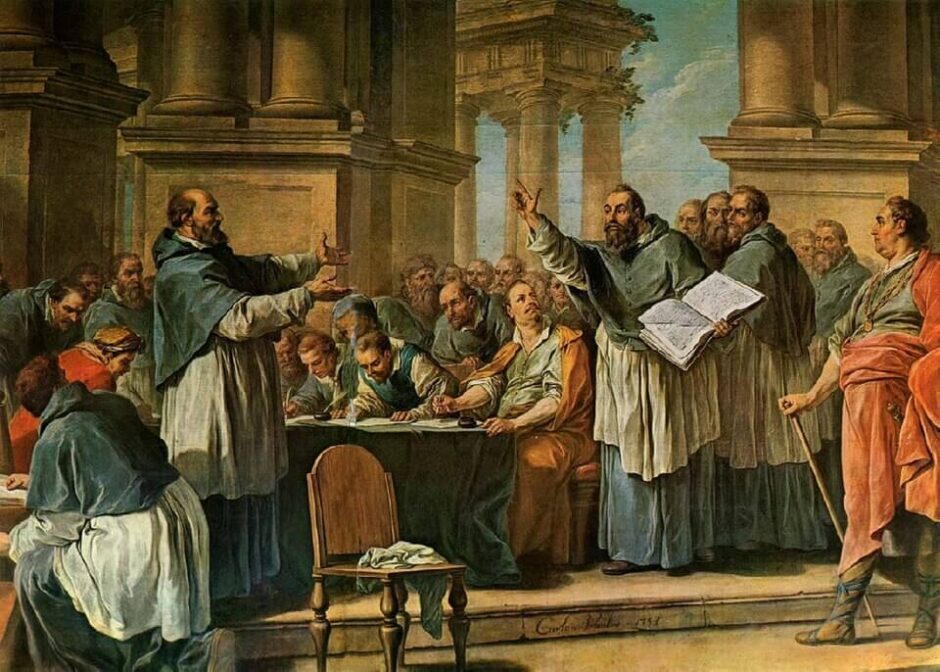 Agostinho de Hipona discutindo com os donatistas. Por Charles-André van Loo.