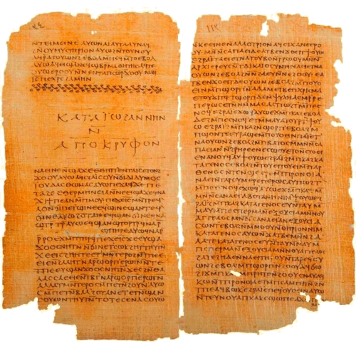 Códice II , um dos escritos gnósticos mais proeminentes encontrados na biblioteca de Nag Hammadi. Aqui estão mostrados o final do Apócrifo de João e o início do Evangelho de Tomé