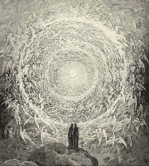 Dante e Beatriz contemplando o mais alto dos céus. ilustração de Gustave Doré para a Divina Comédia