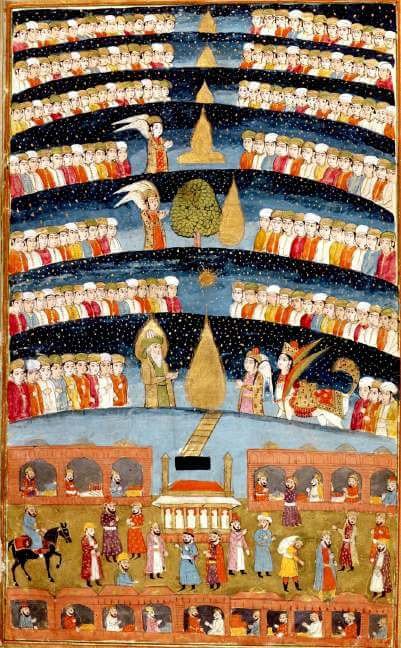 Miniatura persa do século XIX representando a impressão do artista sobre o samāwāt. Islamismo