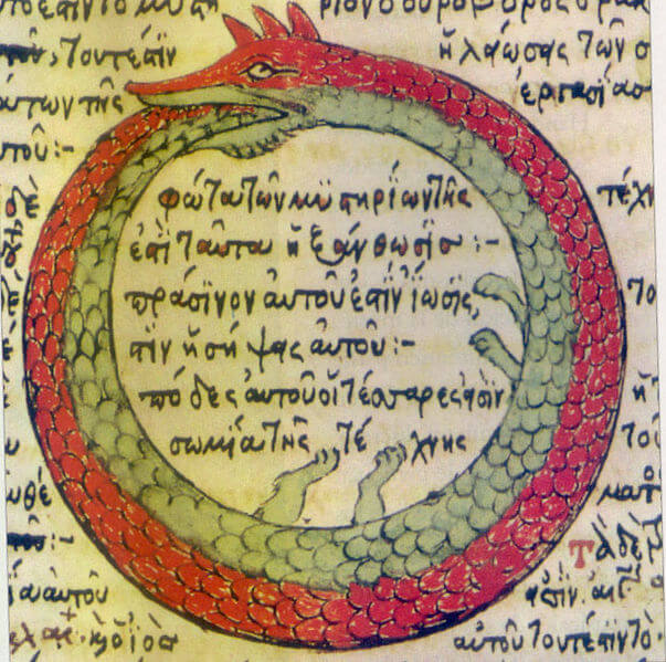 A serpente Ouroboros em um antigo manuscrito alquimico grego A serpente Ouroboros em um antigo manuscrito alquímico grego