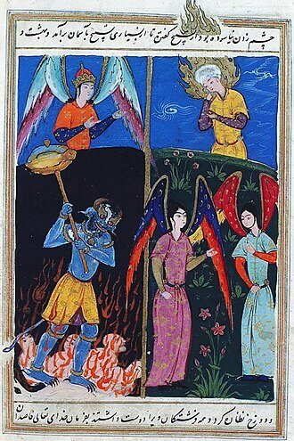 Idris (canto superior direito) é levado aos céus e vê o Paraíso e o Inferno