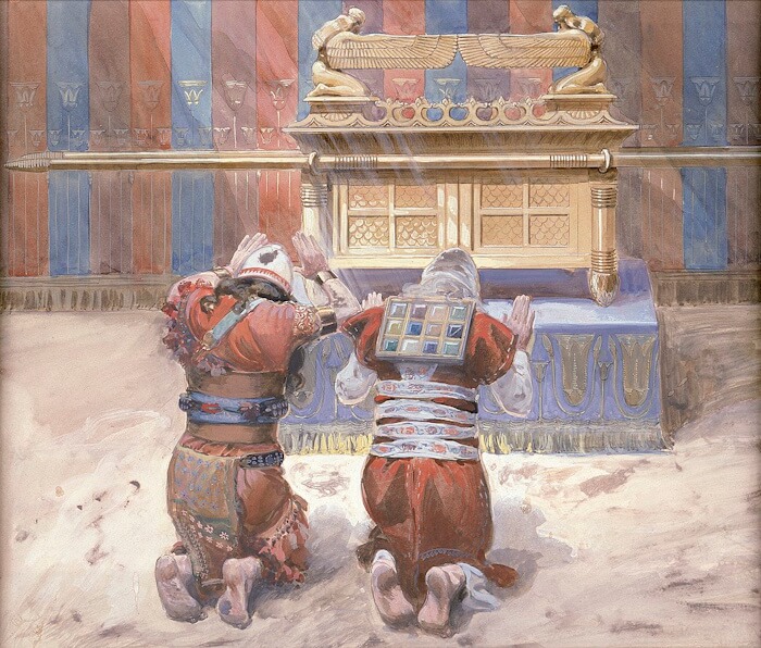 Moises e Josue se curvando diante da Arca por James Tissot c. 1900 Moisés e Josué se curvando diante da Arca, por James Tissot (c. 1900)