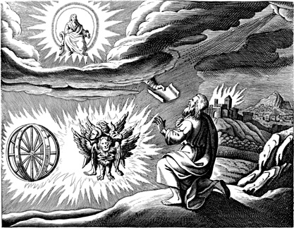 Visao da carruagem de Ezequiel com o tetramorfo gravura baseada em uma ilustracao de Matthaus Merian Icones Biblicae c. 1625–1630 Visão da carruagem de Ezequiel com o tetramorfo, gravura baseada em uma ilustração de Matthäus Merian , Icones Biblicae (c. 1625–1630)