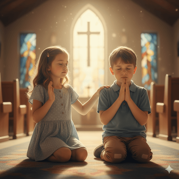 Photo of two children praying for each other (pray for a friend)