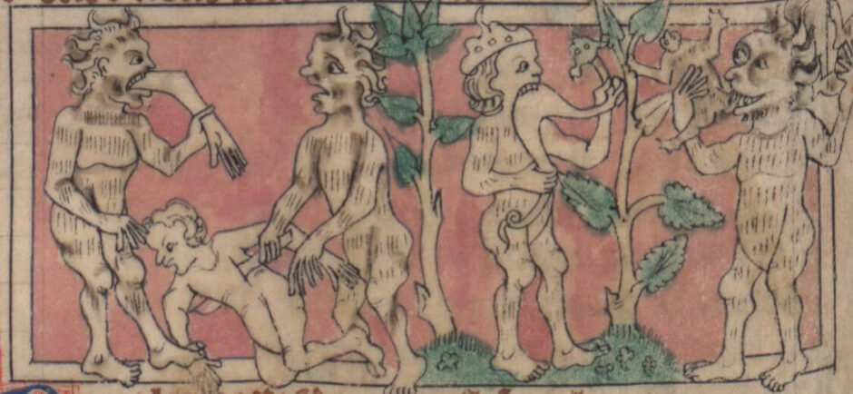 Gog e Magog consumindo humanos. Roman de toute chevalerie de Thomas de Kent , manuscrito de Paris, século XIV (Demônio)