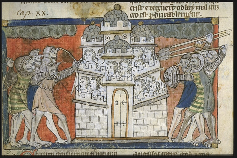 Gog e Magog sitiam a Cidade dos Santos. Sua representação com os narizes aduncos foi observada por Paul Meyer. Apocalipse francês antigo em verso, Toulouse MS. 815, fol. 49v