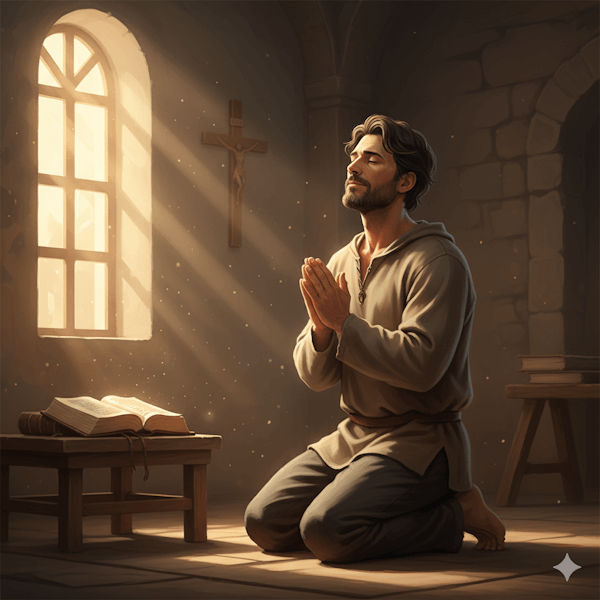 Homem ajoelhado orando a Deus se confessando (Confissão)