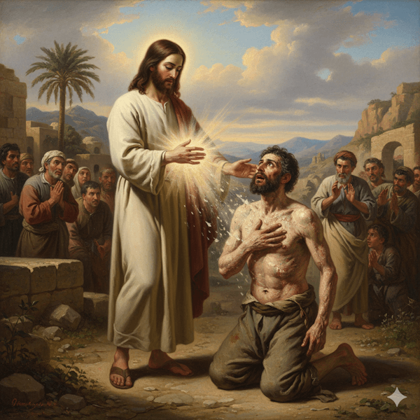 Ilustração de Jesus Cristo curando um homem leproso