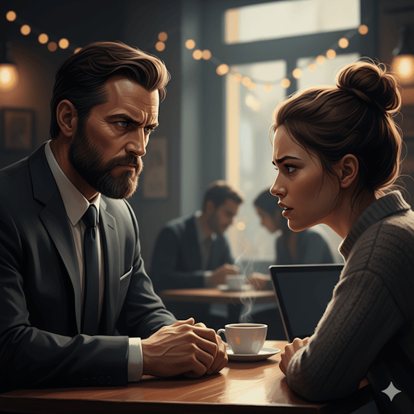 Illustration of two people talking and one is serious (dealing with difficult people)