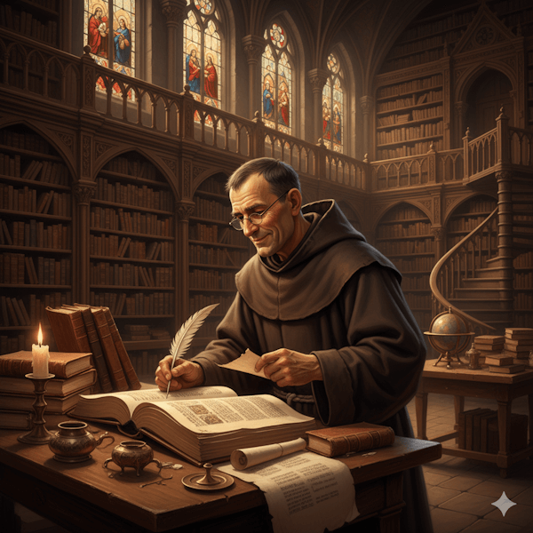 Ilustração de um monge estudando (Teologia Negativa)
