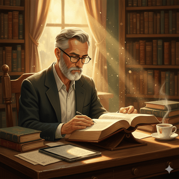 Ilustração de um pastor estudando a Bíblia (Teologia Positiva)