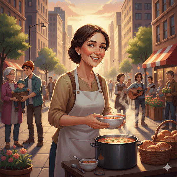 Ilustração de uma mulher cozinhando para pessoas na rua (Cultivando um Coração Generoso)
