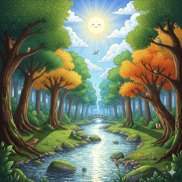 Ilustração infantil de uma floresta alegre (Como a Criação nos Ensina a Adorar o Criador)