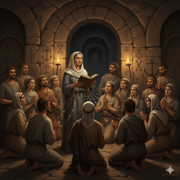Ilustração que representa a reunião de uma seita cristã (Naassenos)