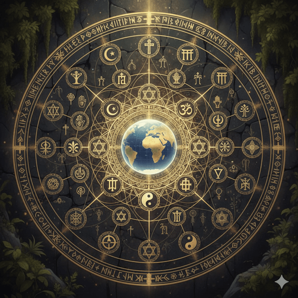 Ilustração que representa o mundo plurirreligioso