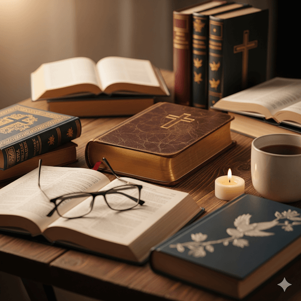 Mesa com livros cristãos (Livros cristãos sobre ansiedade)