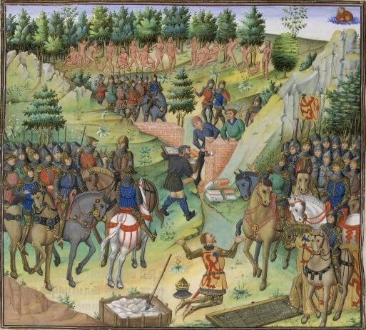 Os povos de Gog e Magog sendo cercados pelas forças de Alexandre.– O Livro de Alexandre de Jean Wauquelin . Bruges, Bélgica, século XV