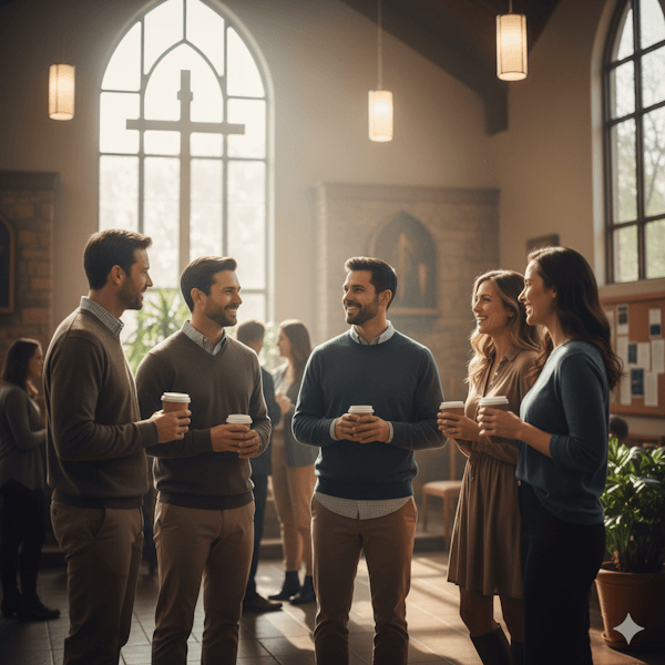 Pessoas de pé conversando dentro da igreja (Não Tenho Dom)