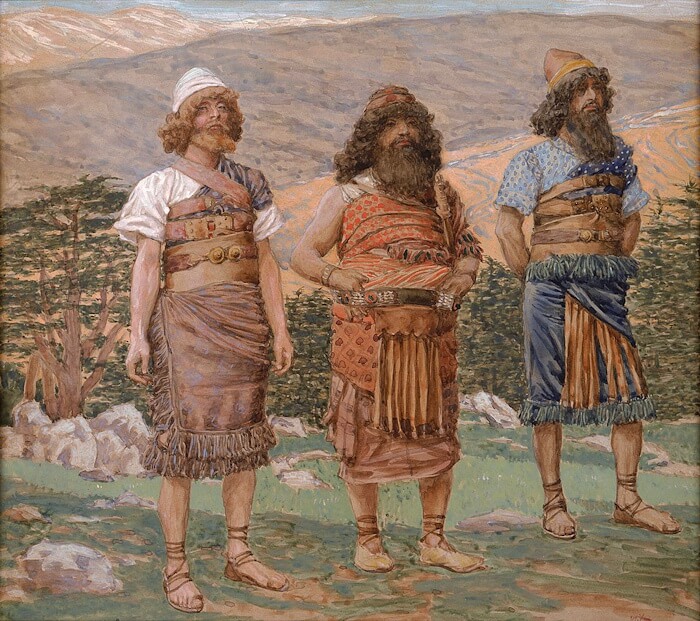 Sem, Cam e Jafé, de James Tissot , c. 1900. Sem está à esquerda, com uma cor de pele semelhante a outras figuras bíblicas pintadas por Tissot.