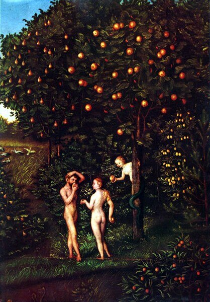 Adão e Eva - Paraíso , a queda do homem conforme retratada por Lucas Cranach, o Velho , a Árvore do conhecimento do bem e do mal está à direita
