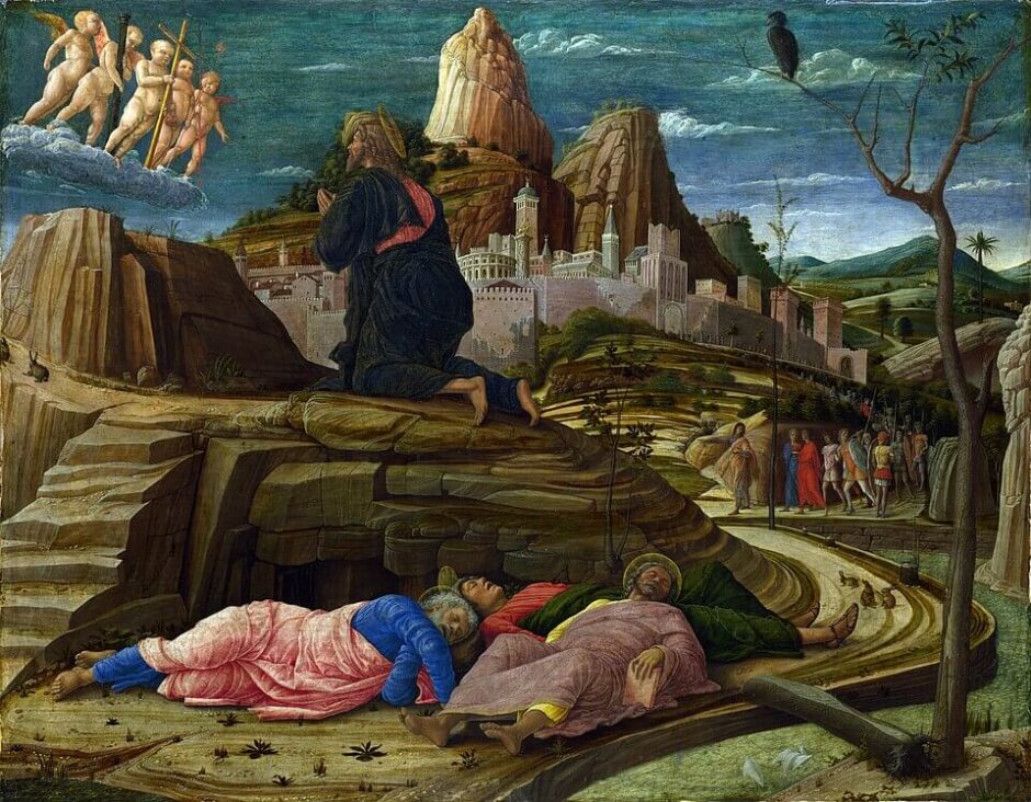 Agonia no Jardim , de Andrea Mantegna , c.  1460 , retrata Jesus orando no Getsêmani enquanto os discípulos dormem e Judas lidera a multidão.