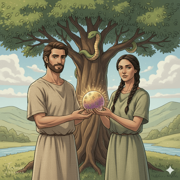 Ilustração de Adão e Eva segurando o Fruto Proibido (Pecado Original)