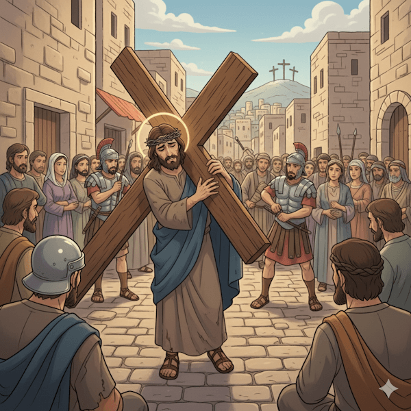Ilustração de Jesus carregando a cruz (Os Últimos Passos de Jesus)