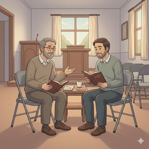 Ilustração de duas pessoas estudando a bíblia, um exemplo de discipulado (Discipulado 1 a 1)